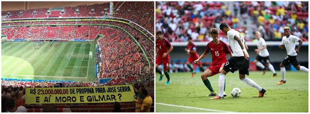 Faixa levantada por torcedores durante o jogo entre Alemanha e Portugal neste sábado 13, pela Olimpíada, cobrava o juiz Sérgio Moro, da Lava Jato, por investigação contra o chanceler interino, José Serra, acusado por Marcelo Odebrecht de receber R$ 23 milhões via caixa 2 durante sua campanha presidencial em 2010; segundo o executivo, parte do dinheiro para o tucano foi pago no Brasil e parte por meio de contas no exterior; protesto também citava o ministro do Supremo Tribunal Federal Gilmar Mendes, que defende a cassação do PT
