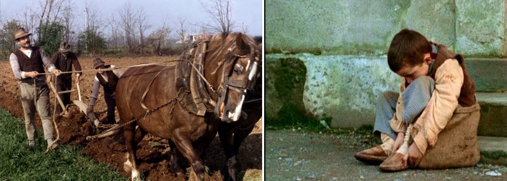 Com objetivo de retratar no cinema a relação homem e trabalho, o diretor Ermanno Olmi, em "A Árvore dos Tamancos", faz um recorte histórico, metonímico, onde enfoca a vida de famílias na região da Lombardia, norte da Itália, e suas dificuldades para sobreviver como meeiros nas terras do Senhorio