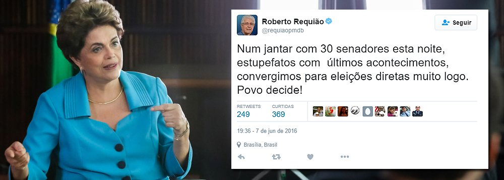 Senador Roberto Requião (PMDB-PR) reuniu-se ontem à noite num jantar com 30 senadores contrários ao impeachment de Dilma Rousseff e revelou que o grupo convergiu para a realização de novas eleições diretas ainda este ano; “Num jantar com 30 senadores esta noite, estupefatos com últimos acontecimentos, convergimos para eleições diretas muito logo. Povo decide!”, postou ele no Twitter; para enterrar de vez o afastamento da presidente eleita serão necessários 27 votos; na votação pela admissibilidade do impeachment, em 12 de maio, foram 22 senadores contrários e 55 favoráveis