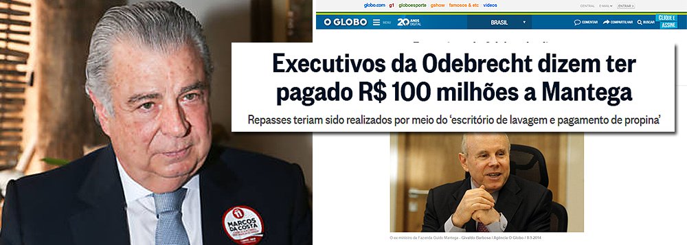Segundo o jornal da família Marinho, empreiteira de Marcelo Odebrecht teria doado R$ 100 milhões ao PT, por meio do ex-ministro Guido Mantega, para aprovar leis de interesse geral, como a desoneração da folha de pagamentos e a tributação de multinacionais; "Essa é uma decisão multidisciplinar de governo, não é assim uma decisão de um ministro", disse José Roberto Batochio, advogado do ex-ministro Mantega