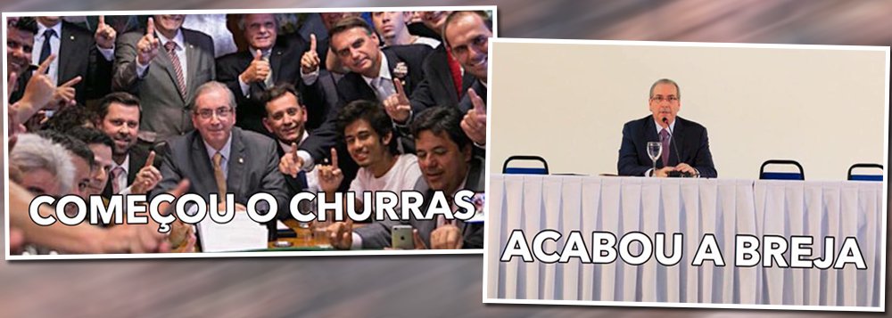 Meme que circula nas redes sociais ilustra bem a influência e o apoio que tinha Eduardo Cunha em maio de 2015, quando foi tirada a primeira foto, em que o presidente da Câmara em atividade estava rodeado de integrantes de movimentos pró-impeachment e da oposição, e a diferença desse cenário nesta terça-feira 21; Cunha hoje está afastado da presidência da Câmra, é réu na Lava Jato, assim como sua mulher, está prestes a ter o mandato cassado e corre o risco de ser preso a qualquer momento; na coletiva de hoje, apareceu sozinho em uma mesa enorme, sem um aliado