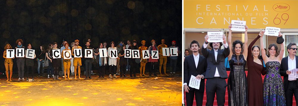 Depois da equipe do filme "Aquarius", que denunciou o golpe contra Dilma Rousseff no Festival de Cannes, outros espetáculos pelo país e pelo mundo aderiram a protestos contra o governo interino de Michel Temer; interpretes do Projeto Brasil, mostra de dança e teatro que passa por várias cidades alemãs, com cerca de 30 espetáculos brasileiros, levantaram módulos com letras que formavam a frase "Against the Coup in Brazil"; frases como "Fora Temer" e "Temer Jamais" tornou-se "um item que você leva na bolsa para qualquer oportunidade", diz a atriz Roberta Estrela D'Alva; "Sempre pode ter uma câmera da rede golpe gravando ao vivo", diz 