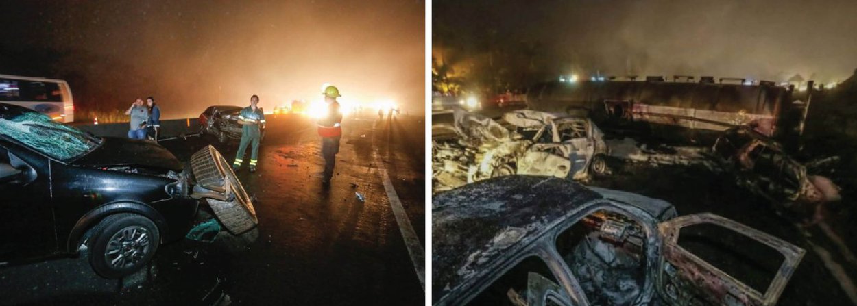 Aumentou para quatro número de pessoas mortas no acidente na BR-277, que envolveu 12 veículos, na noite domingo (3), no litoral do Paraná; o Corpo de Bombeiros encontrou o corpo de um homem carbonizado em uma galeria próximo ao local da batida; os outros mortos são um homem de 43 anos, uma mulher de 35 anos e um garoto de 12 anos; o acidente deixou mais de dez pessoas machucadas; o número de feridos pode mudar, de acordo com a PRF