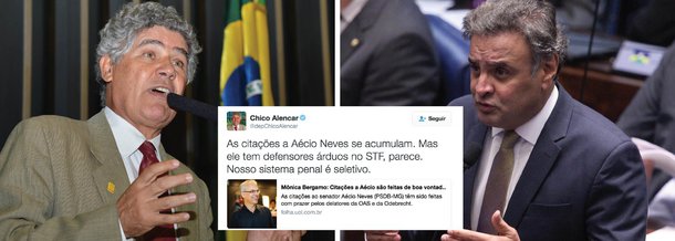 Deputado Chico Alencar (PSOL-SP) comentou nesta quarta-feira, 6, a informação de que o senador Aécio Neves (MG), presidente nacional do PSDB, está sendo "delatado com prazer" por dirigentes da OAS e da Odebrecht; "As citações a Aécio Neves se acumulam. Mas ele tem defensores árduos no STF, parece. Nosso sistema penal é seletivo", criticou Alencar