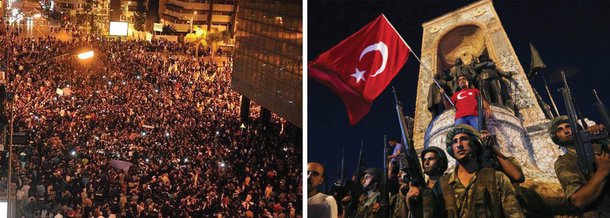 A população começa a tomar as ruas na Turquia contra o golpe militar que ocorre no país; o presidente Tayyp Erdogan, que governa a Turquia desde 2003, e o primeiro-ministro Binali Yildirim afirmaram que o governo eleito continua na função; as Forças Armadas disseram em comunicado enviado por e-mail e relatado por canais de TV turcos que tomaram o poder no país para proteger a ordem democrática e manter os direitos humanos; todas as relações exteriores atuais da Turquia serão mantidas, e a manutenção da lei continua a prioridade, disse o texto