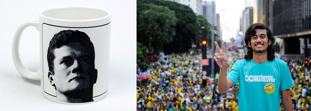 Como uma das formas de financiar suas ações conservadoras, o Movimento Brasil Livre (MBL), de Kim Kataguiri e companhia, está vendendo alguns suvenires em sua loja virtual; um deles é uma caneca com a imagem do juiz federal Sergio Moro, responsável pelas condenações em primeira instância da Operação Lava Jato; no outro lado, está a frase "SOMOS TODOS MORO"; a caneca custa R$ 50 