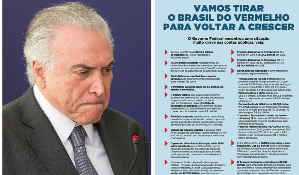 "O governo Temer deve interromper logo a campanha 'Vamos tirar o Brasil do Vermelho para voltar a crescer'. Ela foi pensada como uma propaganda rápida, a fim de atender a aliados políticos do campo conservador que cobravam um ataque duro do Palácio do Planalto ao PT e à ex-presidente Dilma Rousseff", informa o jornalista Kennedy Alencar; "Parte da equipe de Temer foi contra essa campanha. Então, ficou decidido que seria feita uma crítica rápida. Agora, o governo deverá apresentar peças com mais foco no equilíbrio das contas públicas para o país voltar a crescer, diminuindo o tom antipetista e anticomunista da propaganda"