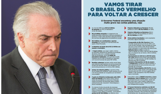"O governo Temer deve interromper logo a campanha 'Vamos tirar o Brasil do Vermelho para voltar a crescer'. Ela foi pensada como uma propaganda rápida, a fim de atender a aliados políticos do campo conservador que cobravam um ataque duro do Palácio do Planalto ao PT e à ex-presidente Dilma Rousseff", informa o jornalista Kennedy Alencar; "Parte da equipe de Temer foi contra essa campanha. Então, ficou decidido que seria feita uma crítica rápida. Agora, o governo deverá apresentar peças com mais foco no equilíbrio das contas públicas para o país voltar a crescer, diminuindo o tom antipetista e anticomunista da propaganda"