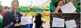 Proibidos pelo COI de se manifestar em defesa da saída do presidente interino, Michel Temer, durante os Jogos Olímpicos, torcedores postam nas redes sociais cartazes que levantaram nas arquibancadas com dizeres "#Fora vocês sabem quem", "vaza, véi", "volta, querida" e até com frase em japonês; vídeos têm registrado ação da polícia contra manifestações contrárias ao governo interino