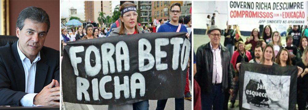 Cerca de cinco mil pessoas exigiram ontem (1º) à noite a saída do governador do Paraná gritando "Fora Beto Richa" na cerimônia de abertura dos Jogos Escolares, em Apucarana, Norte do Paraná; o protesto foi protagonizado por professores e funcionários de escolas da rede pública, que denunciaram novo calote do tucano na categoria