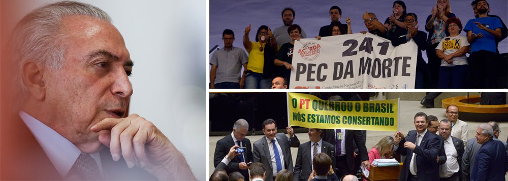 Com forte resistência da oposição e de movimentos sociais, que chamou a PEC 241 de "PEC da morte", a base do governo Temer aprovou com facilidade, por 366 votos contra 111 e 2 abstenções, a proposta de emenda à constituição que congela por 20 anos os gastos públicos do País; "Vimos aqui um festival de cinismo", lamentou a deputada Erika Kokay (PT-DF), rebatendo o discurso dos governistas que negaram que o projeto reduzirá investimentos em saúde e educação; "A morte acaba de adentrar à Constituição brasileira", acrescentou