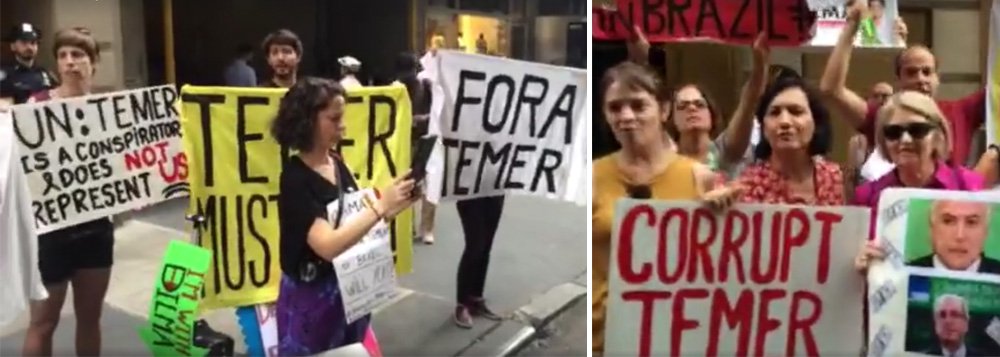"Parem o golpe no Brasil!", gritavam os manifestantes nesta quarta-feira 21, no segundo dia de manifestações contrárias ao golpe e a Michel Temer em Nova York; "Fora entreguistas" e "O Brasil não está à venda", disseram ainda os participantes dos atos