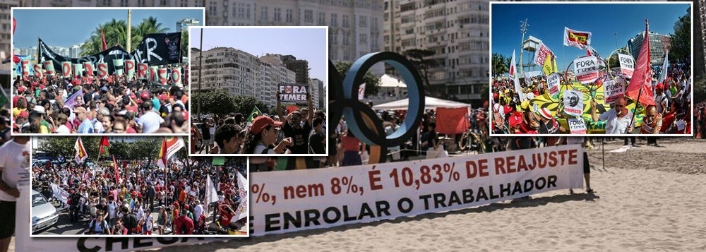 Caminhada de Lutas, organizada por diversos movimentos sociais, se concentrou em frente ao Hotel Copacabana Palace, na zona sul do Rio de Janeiro, nesta sexta-feira 5, dia da abertura oficial dos Jogos Olímpicos; manifestantes pedem a saída do presidente interino, Michel Temer, a volta da presidente Dilma Rousseff, a permanência de direitos e benefícios e evocam gritos contra a entrega do pré-sal; o grande ato deve se estender até à noite e terminará no estádio do Maracanã, onde ocorrerá a cerimônia de abertura da Olimpíada; Temer fará o discurso de abertura dos Jogos e já aguarda vaias