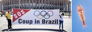 Segurando faixas com dizeres em inglês "SOS. Coup in Brazil" e em português "#ForaTemer", o grupo se manifesta antes da partida de futebol olímpico masculino entre Brasil e África do Sul, que será realizada no estádio Mané Garrincha, em Brasília, e denuncia o que chama de golpe em curso no Brasil