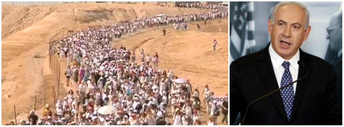 Milhares de mulheres de Palestina e Israel de várias ideologias e religiões decidiram se reunir e fazer uma marcha de duas semanas até a residência do primeiro-ministro israelense Benjamin Netanyahu a fim de pedir-lhe um acordo de paz entre os dois povos; a manifestação foi chamada de "Marcha da Esperança"; a marcha terminou na chegada das mulheres à residência presidencial em Jerusalém; mas, segundo o jornal Telesur, elas continuaram "protestando até que fosse alcançado um acordo"; vídeo