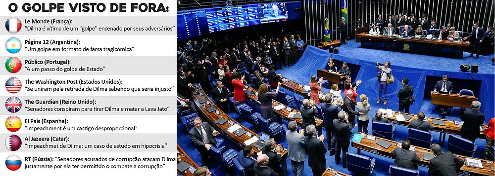 Processo de impeachment contra a presidente Dilma Rousseff está sendo definido como "golpe" por todos os jornais mais importantes do mundo nos Estados Unidos, na Europa, na América do Sul e na Ásia; "Senadores conspiram para tirar Dilma e matar a Lava Jato", afirma o inglês The Guardian; "Se uniram pela retirada de Dilma sabendo que seria injusto", diz o americano The Washington Post