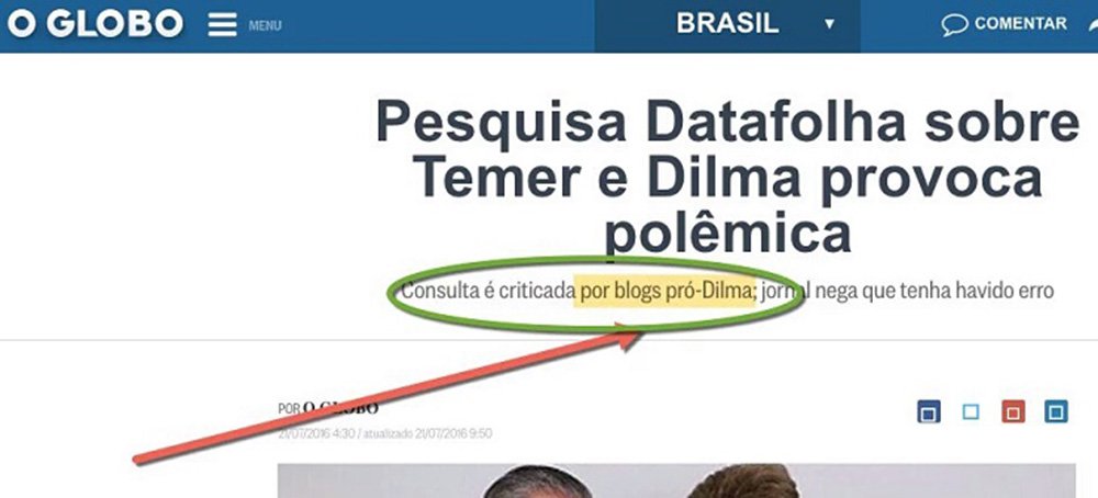Jornalista Miguel do Rosário, do blog O Cafezinho, critica a postura do jornal da Família Marinho, que afirmou que fraude da Folha de esconder números de sua própria pesquisa e divulgar uma interpretação diametralmente oposta ao realmente apurado é coisa de blogueiros pró-Dilma; ele cita exemplos de jornalistas internacionais, como Glenn Greenwald, ganhador do Pullitzer, e Alex Cuadros, autor de um best-seller sobre o Brasil; que criticaram a fraude