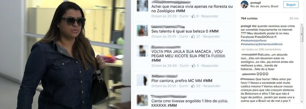  A Justiça do Rio autorizou a quebra de sigilo dos perfis responsáveis pelas ofensas racistas à cantora Preta Gil em uma rede social; a informação foi confirmada pela delegada Daniela Terra, da Delegacia de Repressão aos Crimes de Informática (DRCI); cerca de 100 perfis serão investigados; a artista disse ter sido "atacada" com "diversas mensagens de ódio" no Facebook