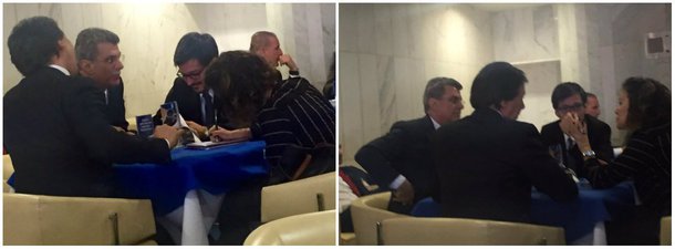 Senadores Romero Jucá (PMDB-RR), que deixou o governo Temer após ser citado na Lava Jato, e Eunício Oliveira (PMDB-CE), defensores do impeachment, são fotografados aos risos com jornalistas da Folha de S. Paulo; registro foi feito pelo deputado Paulo Pimenta (PT-RS), que comentou no Twitter; "Conversa animadíssima enquanto @dilmabr fala no Senado. Jucá, Eunicio e Natuza e Paulo Gama da @folha ??"