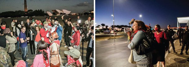 Um grupo de cerca de 70 pessoas protesta na noite desta segunda (4) em frente ao Palácio do Planalto contra o presidente interino, Michel Temer; com faixas e palavras de ordem pedindo a saída de Temer do governo, os manifestantes se reúnem na Praça dos Três Poderes, em frente à sede do Executivo