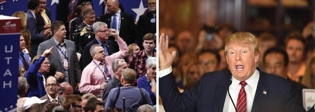 A Convenção Nacional Republicana virou um caos nesta segunda (18) quando oponentes do escolhido em potencial para ser o candidato do partido a presidente dos Estados Unidos, Donald Trump, deixaram irritados o local da reunião e gritaram em protesto por causa do fracasso deles em ganhar uma votação simbólica se opondo à candidatura do empresário; a confusão ameaçou os esforços da campanha de Trump para mostrar um partido unido em torno do político
