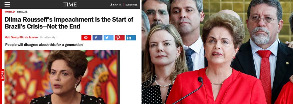 Revista Time, dos Estados Unidos, avalia que o modo controverso como se deu o afastamento de Dilma Rousseff irá dividir o Brasil por pelo menos "uma geração"; o texto diz que o substituto de Dilma, Michel Temer, ainda sentiu a necessidade de negar, em sua primeira fala como presidente, que ele tinha praticado um "golpe" contra sua ex-companheira de chapa; para a Time, o peemedebista, criticado por não ter nomeado uma mulher ministra e vaiado na abertura da Olimpíada, tem "um difícil trabalho em suas mãos"
