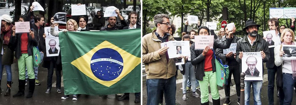 Um grupo de brasileiros residentes em Paris protestou nesta quarta-feira, 1º, contra a visita do ministro interino José Serra à capital francesa; os manifestantes estendiam cartazes contra o tucano e contra o golpe no Brasil; José Serra pediu intervenção da polícia francesa com medo de "represálias", após ter sido informado do envio de uma carta a membros da OCDE pedindo a anulação de sua participação no fórum do qual ele participa; "Alguns de nós nem estávamos pensando em participar, mas depois dessa tentativa de nos calar, decidimos vir", disse uma brasileira que participou do protesto; reportagem do Mídia Ninja