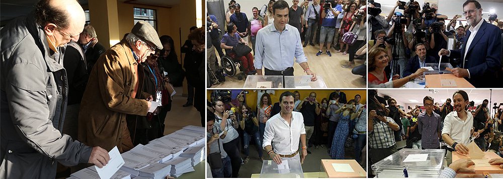 Com um Congresso dissolvido por não haver consenso para um governo de coalizão, a Espanha realizada neste domingo, 26, eleições para escolha de 350 representantes do Congresso dos Deputados e 208 do Senado; segundo a Agência Lusa, o Partido Popular, de direita, do atual chefe de governo, Mariano Rajoy, deverá ser o mais votado, conquistando 30% dos votos; grande surpresa deverá ser o Unidos Podemos, aliança de radicais de esquerda, comunistas, ecologistas, pode receber 26% dos votos e ultrapassar o PSOE (Partido Socialista Operário Espanhol), que nos últimos 35 anos alternou à frente do governo espanhol com o PP