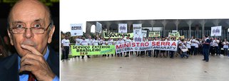 Desde segunda-feira 22, paralisação reivindica equiparação salarial do Serviço Exterior Brasileiro (SEB) com as demais carreiras típicas de estado e alega que a greve é motivada pelo fracasso nas negociações salariais; sindicalistas reclamam de falta de diálogo com o ministro interino José Serra; de acordo com a organizadora da manifestação que ocorreu na tarde desta terça em frente ao Palácio Itamaraty, na Esplanada dos Ministérios,  Suellen Paz, 50% dos postos, embaixadas e consulados aderiram à greve