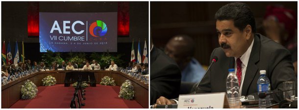 O presidente da Venezuela, Nicolás Maduro, pediu que a América Latina não ceda à "brutal pressão" dos Estados Unidos para isolar o seu governo, que enfrenta oposição tanto em casa quanto internacionalmente; "Eu peço para que governos do continente mantenham a solidariedade, cooperação e compreensão e não cedam à brutal pressão para isolar a Venezuela", disse Maduro a líderes caribenhos na cúpula dos chefes de estado e governo da Associação dos Estados do Caribe (AEC), em Havana; segundo ele, protestos da oposição para tirá-lo do poder fazem parte de um golpe de Estado apoiado pelos EUA contra seu governo socialista