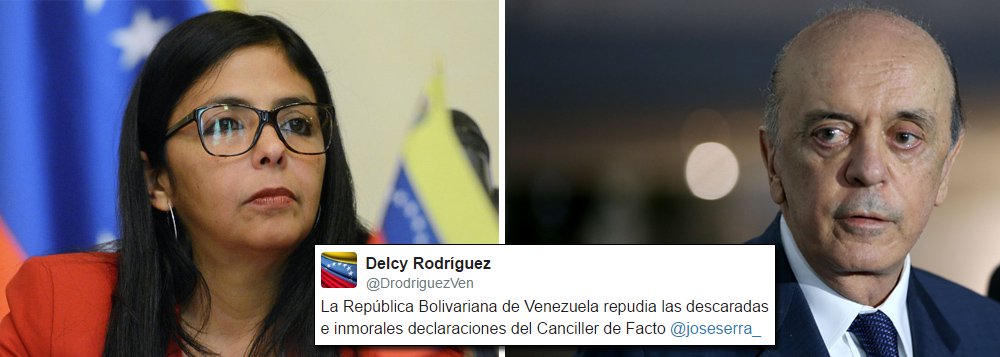 Delcy Rodriguez, a chanceler da Venezuela, manifestou nesta terça (13) repúdio a “declarações descaradas e imorais” de José Serra sobre o país; o chanceler brasileiro afirmou na segunda (12) que considera “sem esperança” a melhoria da relação entre o governo brasileiro liderado por Michel Temer e a Venezuela; por meio do Twitter, a ministra venezuelana afirmou que o “governo de fato do Brasil, produto de um golpe parlamentar, violentou a ordem democrática desta nação irmã sul-americana”