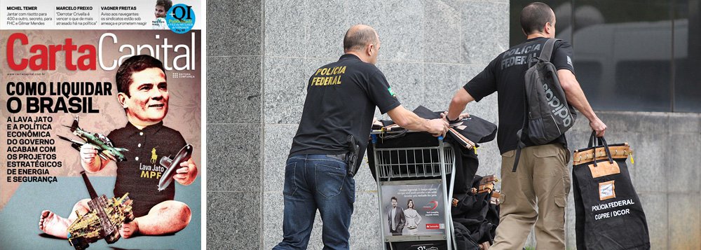 "Na edição 923, como a República de Curitiba está destruindo o país. A jato", anuncia a revista sobre a edição deste fim de semana, que traz na capa um juiz Sérgio Moro "bebê" brincando com submarinos, aviões e uma plataforma da Petrobras