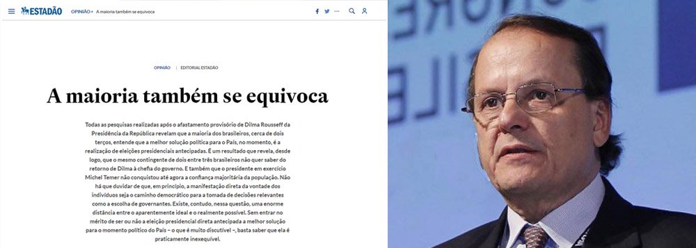 Jornalista Fernando Brito, do Tijolaço, criticou o editorial do jornal Estado de S. Paulo que "relativiza" a democracia brasileira, ao afirmar que "A maioria também se equivoca" ao defender a saída do interino Michel Temer e novas eleições presidenciais; "O Estadão, que já publicou receita de bolo na última vez que passamos por um período autoritário, agora quer que o povo brasileiro engula o bolo que ajudou a aprontar", afirmou; "Se a pesquisa mostra que ele não quer, dane-se a pesquisa, porque o Estadão, agora, acha que a vontade do povo é um problema para a democracia"