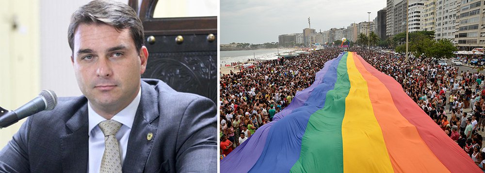 "Se a gente tiver um real, você prefere investir na Parada Gay ou na compra de remédio para o hospital? Esse evento se mantém sozinho, ele não precisa de dinheiro público", disse Flávio Bolsonaro, que concorre à prefeitura do Rio, pelo PSC; neste ano, o atual prefeito destinou R$ 800 mil para eventos de temática LGBT no Rio