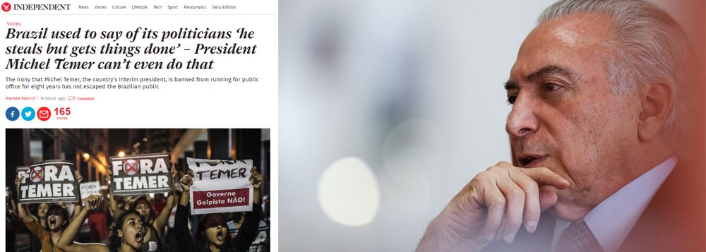 Jornal britânico aponta a ironia de Michel Temer, julgado inelegível pela Justiça eleitoral brasileira, ter assumido a presidência no lugar de Dilma Rousseff, que não responde a nenhuma ação por corrupção, em um país onde tanta gente considera a corrupção o problema mais grave; "Mesmo que ele pudesse concorrer, seria improvável que ganhasse as eleições presidenciais", diz o The Independent; leia a íntegra