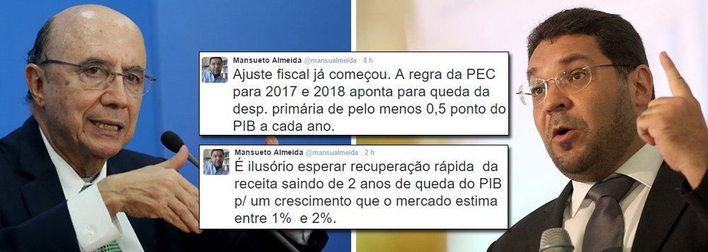 No momento em que a equipe do ministro Henrique Meirelles vem sendo questionada por propor um déficit gigantesco, ao mesmo tempo em que promete ajuste fiscal, o secretário de Acompanhamento Econômico da Fazenda, Mansueto Almeida, usa o Twitter para preparar os ânimos do mercado para um rombo ao redor de R$ 160 bilhões em 2017; "É ilusório esperar recuperação rápida da receita saindo de 2 anos de queda do PIB p/ um crescimento que o mercado estima entre 1% e 2%", postou; segundo ele, o ajuste fiscal "já começou" com a PEC que limita os gastos públicos; a manifestação é uma resposta aos críticos da política fiscal do governo interino de Michel Temer