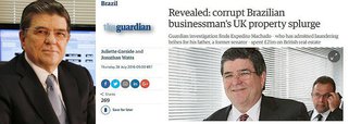 Expedito Machado, o filho do ex-presidente da Transpetro, gastou 21 milhões de libras, ou R$ 90,2 milhões, em negócios imobiliários em 2014 e 2015, a compra de edifícios de escritórios na City londrina, na Fleet Street, rua central de Londres, um apartamento em Mayfair e um terreno ao lado do canal na zona portuária de Leeds, segundo reportagem do jornal britânico The Guardian; destaque foi de Fernando Brito, do Tijolaço