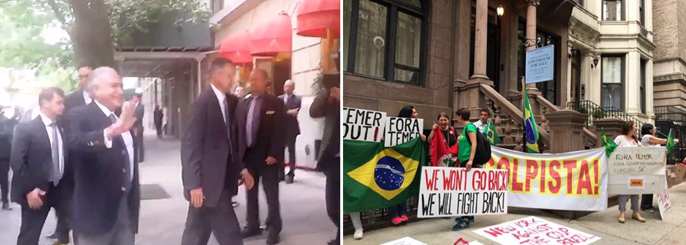 Um grupo de manifestantes segurava cartazes contra o golpe e chamava Michel Temer de "golpista" durante sua entrada ao Hotel Plaza Athénée neste domingo; ele participará, nos Estados Unidos, da Assembleia Geral da ONU, onde fará o discurso de abertura, como é tradição do Brasil, nesta terça-feira