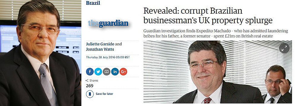Expedito Machado, o filho do ex-presidente da Transpetro, gastou 21 milhões de libras, ou R$ 90,2 milhões, em negócios imobiliários em 2014 e 2015, a compra de edifícios de escritórios na City londrina, na Fleet Street, rua central de Londres, um apartamento em Mayfair e um terreno ao lado do canal na zona portuária de Leeds, segundo reportagem do jornal britânico The Guardian; destaque foi de Fernando Brito, do Tijolaço