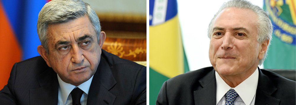 Vice-presidente em exercício Michel Temer receberá nesta sexta-feira (12) a primeira visita oficial de um chefe de Estado, desde que assumiu o cargo; presidente da Armênia, Serzh Sargsyan, deverá assinar acordos nas áreas de cooperação educacional e técnica; agricultura; consultas públicas; e de cooperação entre academias diplomáticas