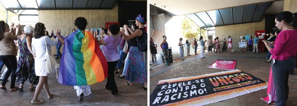 Fátima Pelaes, indicada por Michel Temer para chefiar a Secretaria Especial de Políticas para Mulheres (SPM), é alvo de manifestação no Centro Cultural do Banco do Brasil, em Brasília, onde está instalada a sede da secretaria; um dos motivos das críticas é a inclusão do nome da ex-deputada entre os investigados na Operação Voucher, da Polícia Federal, em que é "acusada do desvio de recursos públicos que deveriam beneficiar o turismo no Amapá"; além disso, Fátima já se manifestou contra a legalização do aborto mesmo em casos de estupro