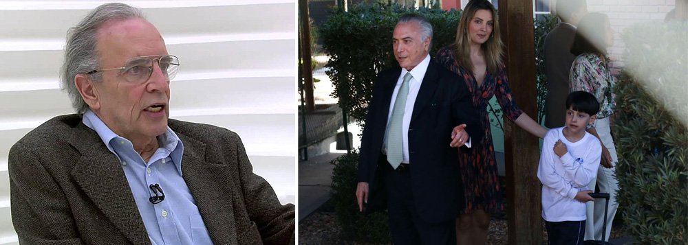 ‘A notícia recente de que um em cada três brasileiros não sabem quem ele é, ou nem sabem que existe, provocou-lhe a ideia obsessiva de ser popular. Mas apelar para o uso do próprio filho, convocando a imprensa para vê-lo buscar o menino na escola, por uma vez, ultrapassa muito a falta de compostura’, diz Janio de Freitas sobre o golpe publicitário do interino Michel Temer  