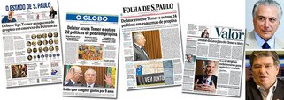 Estado, Globo, Folha e Valor destacam a ligação do interino Michel Temer com o esquema de propinas de Sérgio Machado, ex-presidente da Transpetro; ele afirma que o peemedebista acordou o repasse de R$ 1,5 milhão à campanha de Gabriel Chalita (ex-PMDB) à Prefeitura de São Paulo, em 2012; em editorial, jornal de Otavio Frias diz que “a narrativa de Sérgio Machado indica o quanto o governo de Michel Temer pode se enfraquecer diante da Lava Jato. Nem mesmo políticos agora aliados e há tempos afastados da máquina federal, como o senador Aécio Neves (PSDB-MG), passaram incólumes”; “delação sacudiu Brasília”, ressalta, por sua vez, a publicação dos irmãos Marinho; governo provisório balança