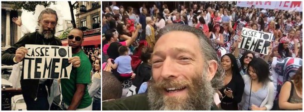 Ator francês mostrou imagens de protestos contra Michel Temer durante show de Caetano Veloso na capital francesa