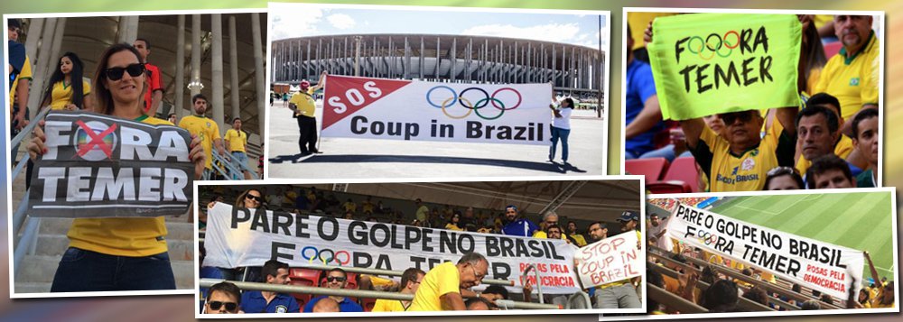  A estreia da seleção brasileira de futebol nas Olimpíadas 2016 nesta quarta (4) foi marcada por vários protestos contra o presidente interino Michel Temer. O jogo aconteceu no estádio Mané Garrincha em Brasília; várias pessoas levaram cartazes que pediam Fora Temer 