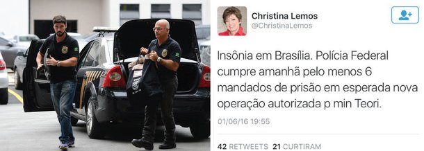 A jornalista Christina Lemos afirmou, na noite desta quarta (1º), pelo Twitter, que a Polícia Federal cumprirá e amanhã pelo menos seis mandados de prisão, autorizados pelo ministro Teori Zavaski, responsável pelos processos da Operação Lava Jato, no Supremo; "Circula em Brasília q alvo é PMDB", diz; mais cedo, a também jornalista Sonia Racy informou que Zavascki permaneceu em seu gabinete na manhã de hoje trancado, discutindo alguma medida mais grave; "Ontem, delegados da PF estiveram no gabinete conversando com o ministro", relatou
 
