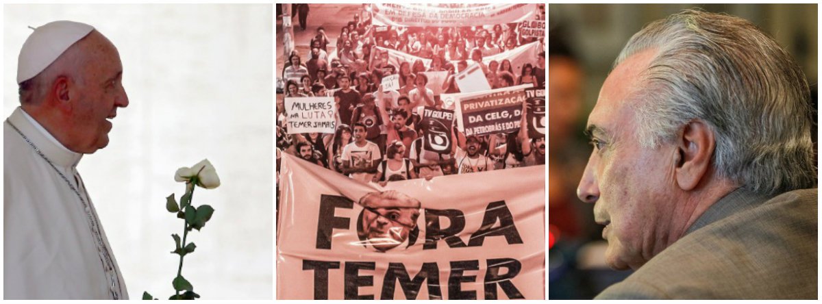 Francisco pediu, em uma oração a Nossa Senhora Aparecida, padroeira do Brasil, que ela proteja "todo o Brasil e todo o povo brasileiro neste momento triste"; o pedido foi feito neste sábado 3, durante a inauguração de uma estátua da santa nos jardins do Vaticano; ele também pediu que Nossa Senhora Aparecida proteja os mais pobres, os idosos abandonados, as crianças de rua e os explorados para que salve seu povo com a justiça social; para o jornalista Fernando Brito, o pontífice mandou seu recado ao Brasil com as declarações; o papa também cancelou a viagem que faria ao Brasil em 2017, sem explicar o motivo