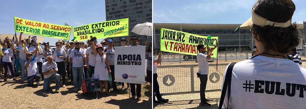 Cerca de cem servidores do Ministério das Relações Exteriores participaram de uma manifestação em frente ao Palácio do Planalto para pedir reajuste de 52,96% até 2019 para todas as carreiras do órgão; o percentual considera a defasagem salarial acumulada desde 2008; de acordo com a oficial de chancelaria e integrante da comissão de negociação Cristina Guelfi, desde 2008 grande parte das carreiras típicas de Estado passaram a ter remunerações por meio de subsídios, obtendo inclusive reajustes de 40% em alguns casos