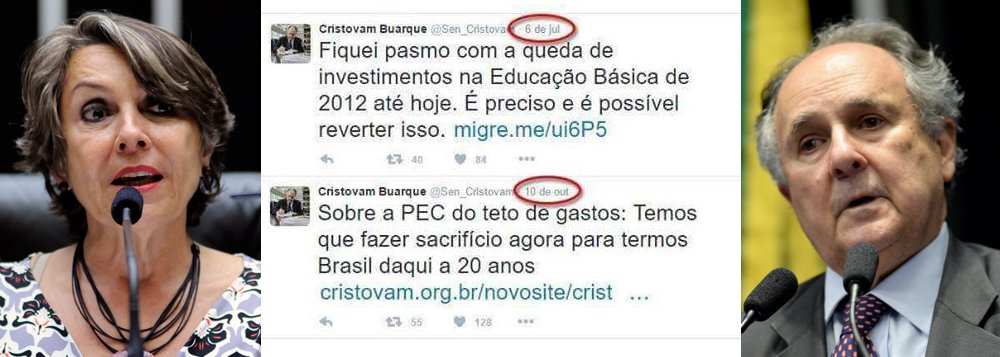 Deputada distrital Erika Kokay (PT) criticou nessa quinta-feira, 13, o senador Cristovam Buarque (PPS-DF), pela mudança de opinião em relação aos investimentos do governo federal na Educação; em julho, Cristovam defendeu o aumento de investimentos na Educação Básica no país; três meses depois, em defesa da PEC 241, escreveu:"temos que fazer sacrifício agora para termos Brasil daqui a 20 anos"; "Isso é o que acontece quando se apoia um golpe, Senador!", criticou Erika Kokay