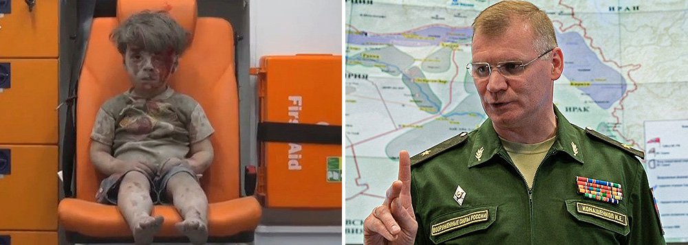 ministério da Defesa russo desmentiu informações da mídia estrangeira sobre um ataque aéreo contra o bairro de Al-Kvaterdzhi na cidade síria de Aleppo, alegadamente realizado em 17 de agosto; segundo o porta-voz da entidade russa, major-general Igor Konashenkov, a Rússia tem reiterado imensas vezes que os aviões das Forças Aeroespaciais da Rússia nunca atingem alvos dentro dos limites de povoações; Konashenkov ressaltou que a mesma coisa se refere ao bairro Al-Kvaterdzhi adjacente aos dois corredores que servem de saída segura para os civis; nesta quinta-feira (17), imagens do menino Omran Daqneesh, que teria sido ferido em um bombardeio por aviões da Rússia, aliada do governo sírio, chocaram o mundo